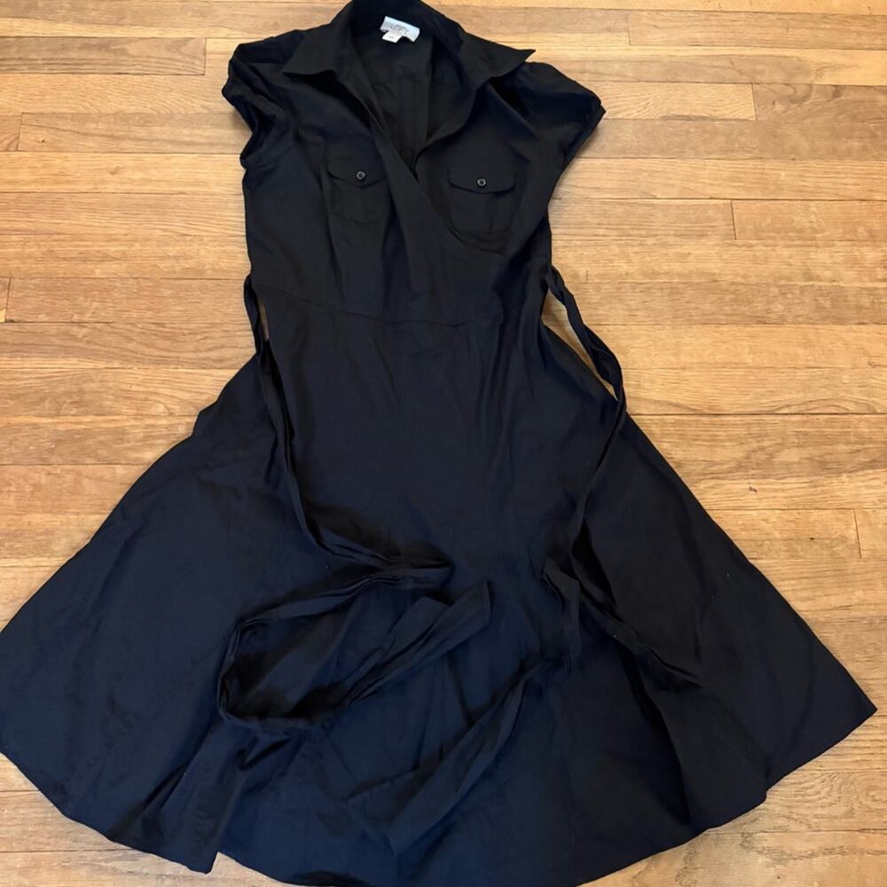 Loft black belted collared fit & flare cap sleeve midi dress size 10P b59